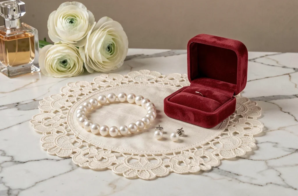 Parure complète de bijoux mariage perles sur dentelle et marbre pour thème romantique