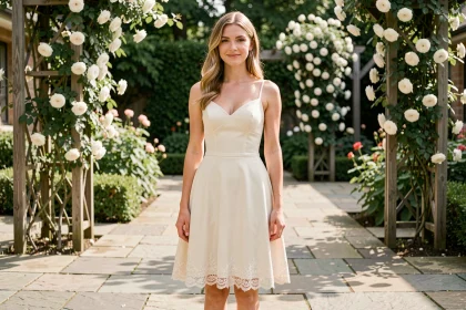 Petite mariée en robe de mariée courte en dentelle ivoire dans un jardin fleuri aux roses blanches