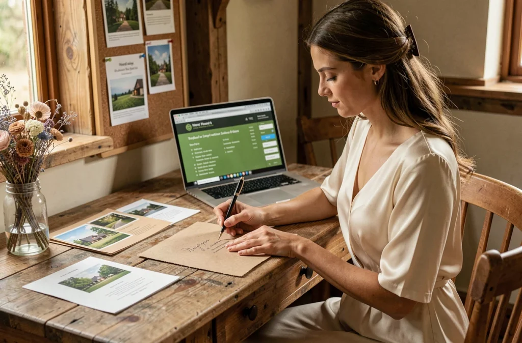 Femme rédigeant des faire-part de mariage écoresponsables en papier recyclé dans un intérieur en bois chaleureux avec des éléments de planification durables