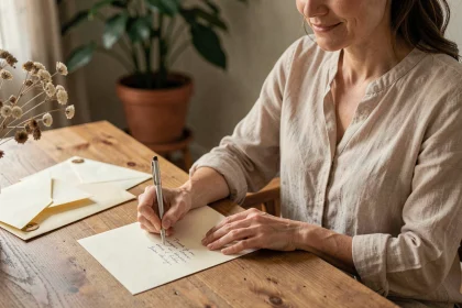 Femme rédigeant un mot de remerciement personnalisé à la main sur du papier crème, assise dans un bureau à domicile chaleureux et bien décoré