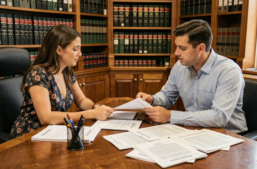 Couple en rendez-vous chez un notaire pour finaliser les démarches légales avant un mariage à l'étranger