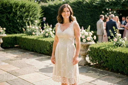 Femme en robe dentelle ivoire mi-longue dans un jardin de mariage, style naturel et élégant