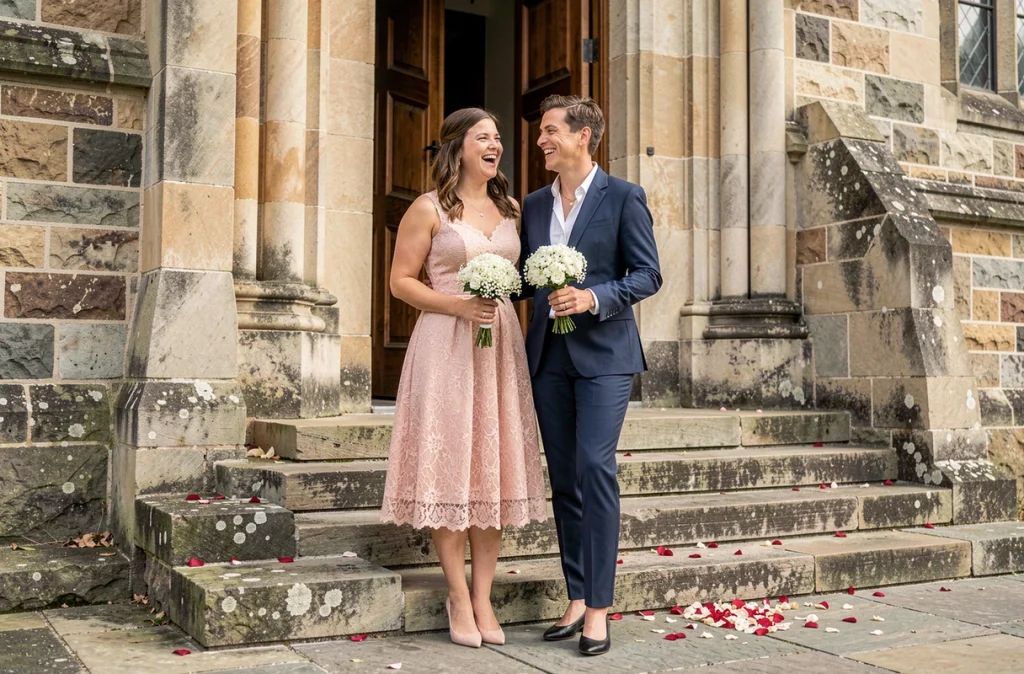 Deux femmes élégantes dont une en robe dentelle rose devant une église lors d'un mariage