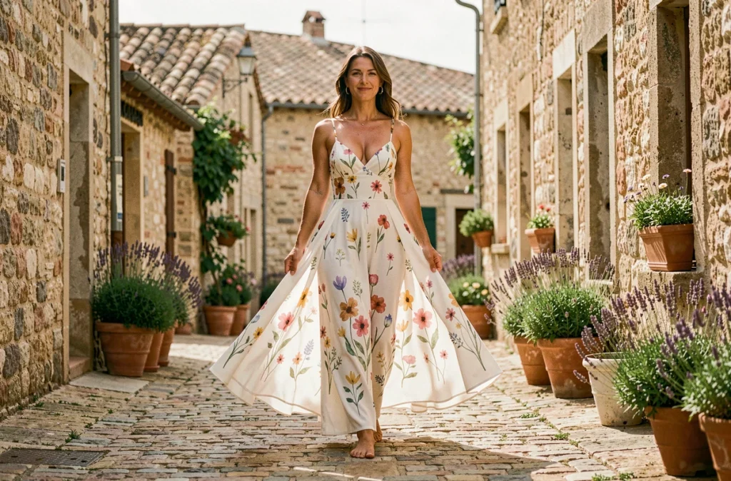 Mariée en robe de mariée fleurie bohème marchant pieds nus sur un chemin pavé d'un village provençal entouré de lavande et de murs en pierre