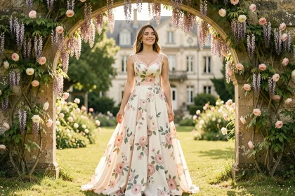 Mariée portant une robe de mariée fleurie en mousseline pastel dans un jardin romantique avec arche en pierre et fleurs de glycine