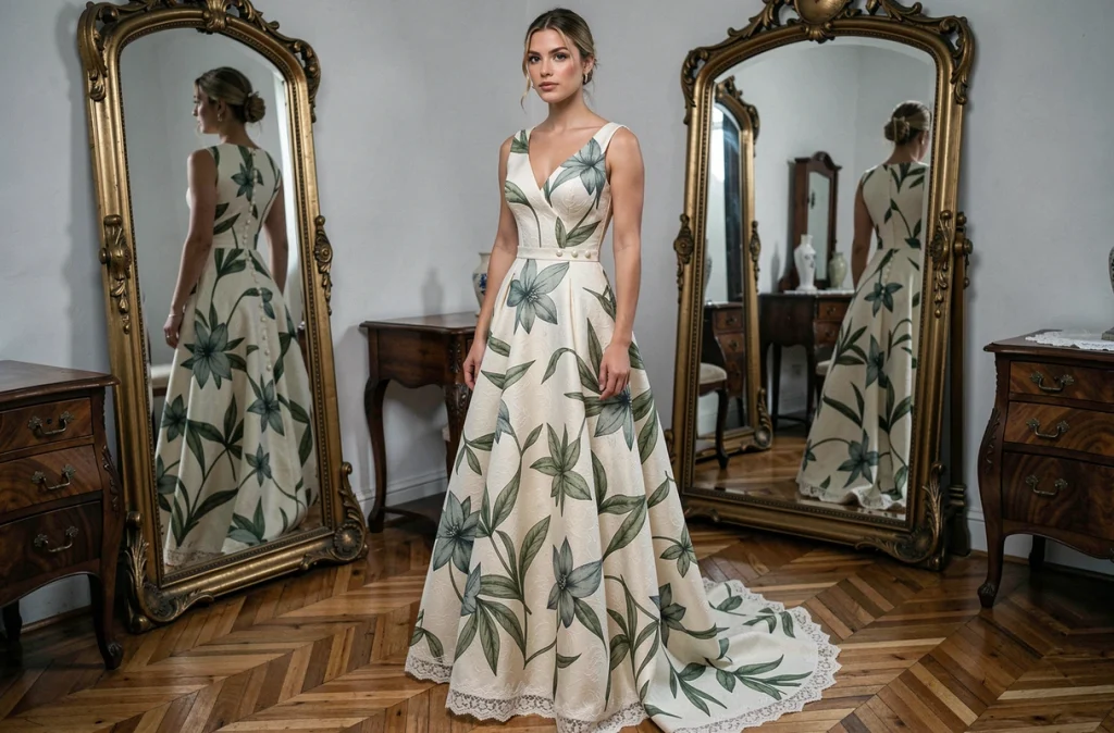 Femme en robe de mariée fleurie structurée à coupe A-line photographiée dans un dressing vintage avec miroir doré et parquet ancien