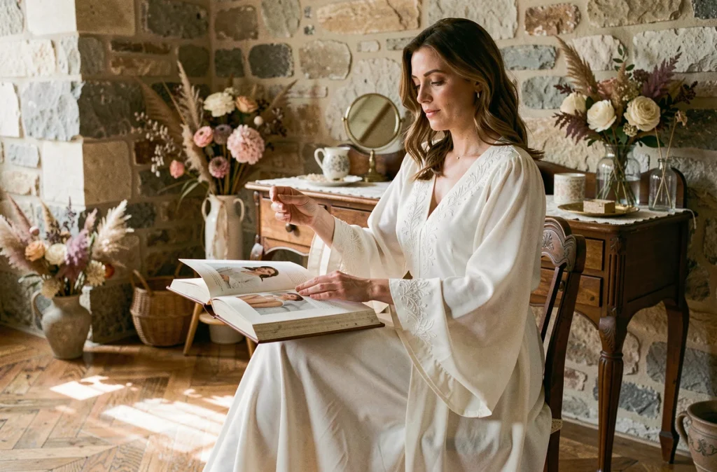 Femme en robe de mariée vintage bohème des années 1970 en crêpe blanc cassé avec broderies assise dans une chambre au décor authentique