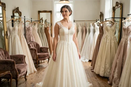 Femme essayant une robe de mariée vintage authentique des années 1950 en dentelle ivoire dans une boutique vintage spécialisée