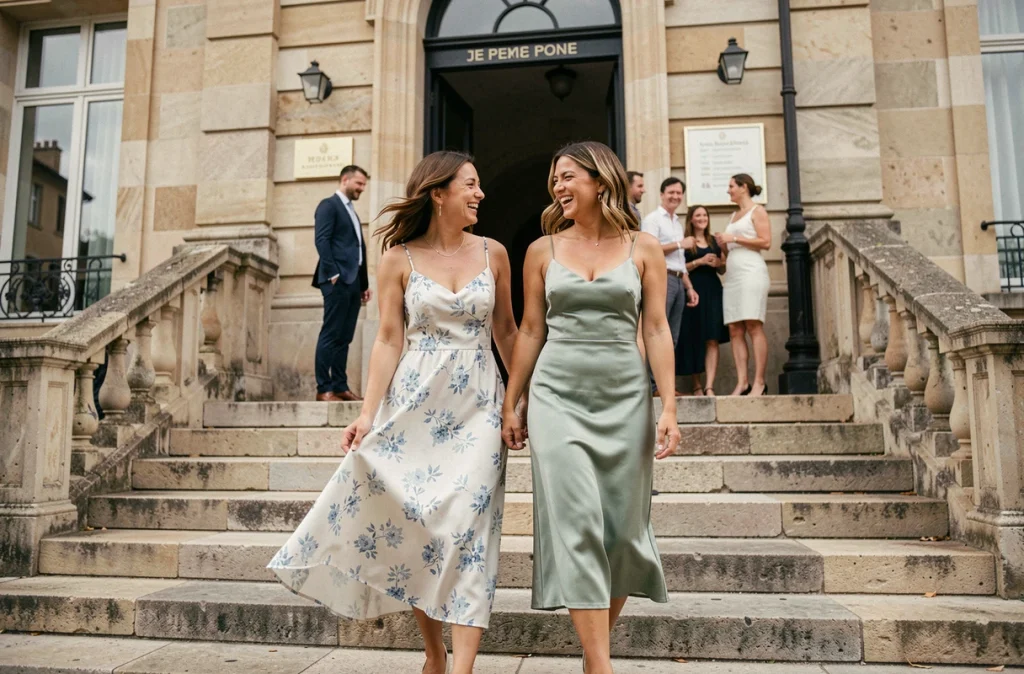 Deux femmes en robes ASOS florale et satin vert sauge descendant les marches d'une mairie pour un deuxième mariage civil