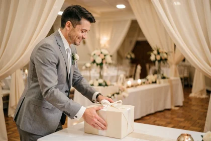 Témoin de mariage déposant un cadeau élégamment emballé sur une table de réception lors d'une cérémonie de mariage