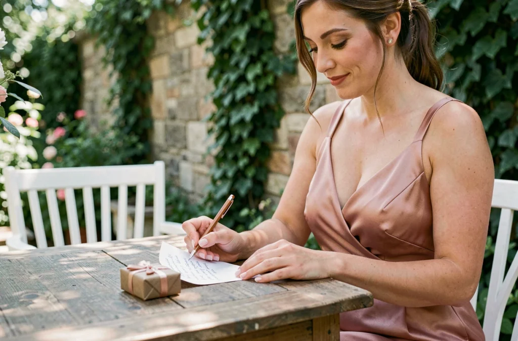 Témoin de mariage en robe rose satin écrivant une carte personnelle pour accompagner un cadeau dans un jardin de mariage