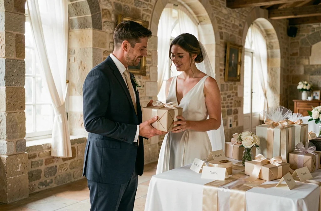 Deux témoins de mariage en tenue formelle discutant du choix d'un cadeau approprié près d'une table de cadeaux dans un château