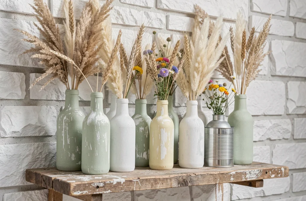 Vases champêtres DIY réalisés avec des bocaux et boîtes de conserve recyclés peints en blanc craie sur une étagère en bois brut