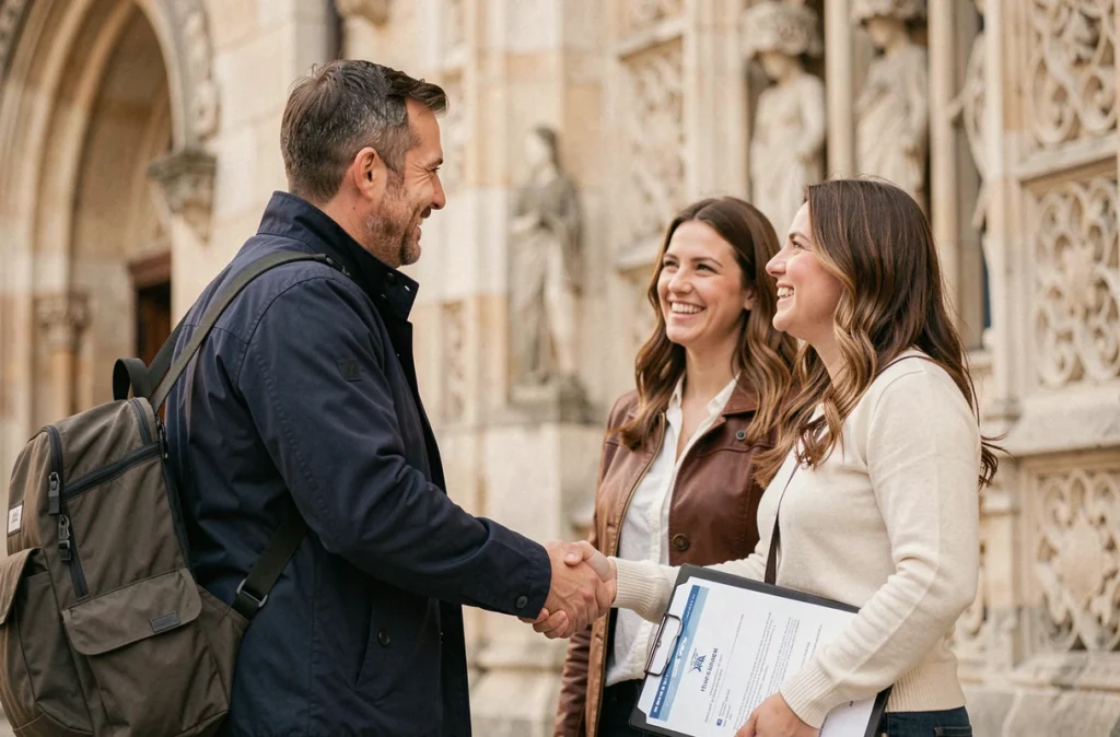 Photographe à Châtellerault concluant un accord avec des clients devant un bâtiment historique