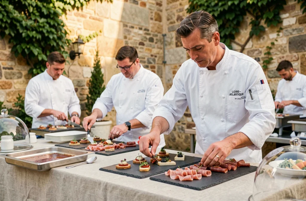 Chef traiteur Bossis dressant des canapés raffinés lors d'un mariage en Loire-Atlantique