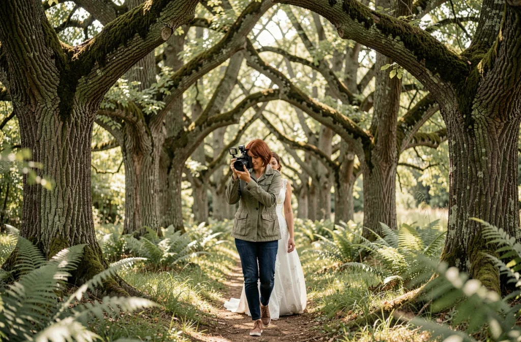 Camille Gambier filmant une mariée dans une forêt bretonne avec des chênes centenaires