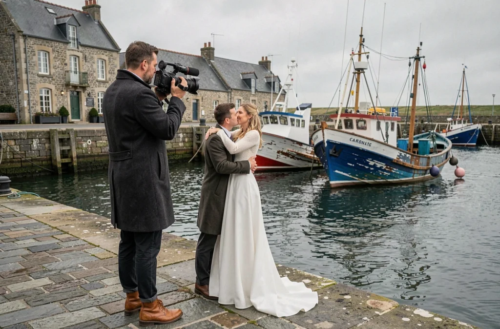 Concordanse Films filmant des mariés sur le quai d'un port de pêche breton avec des bateaux colorés
