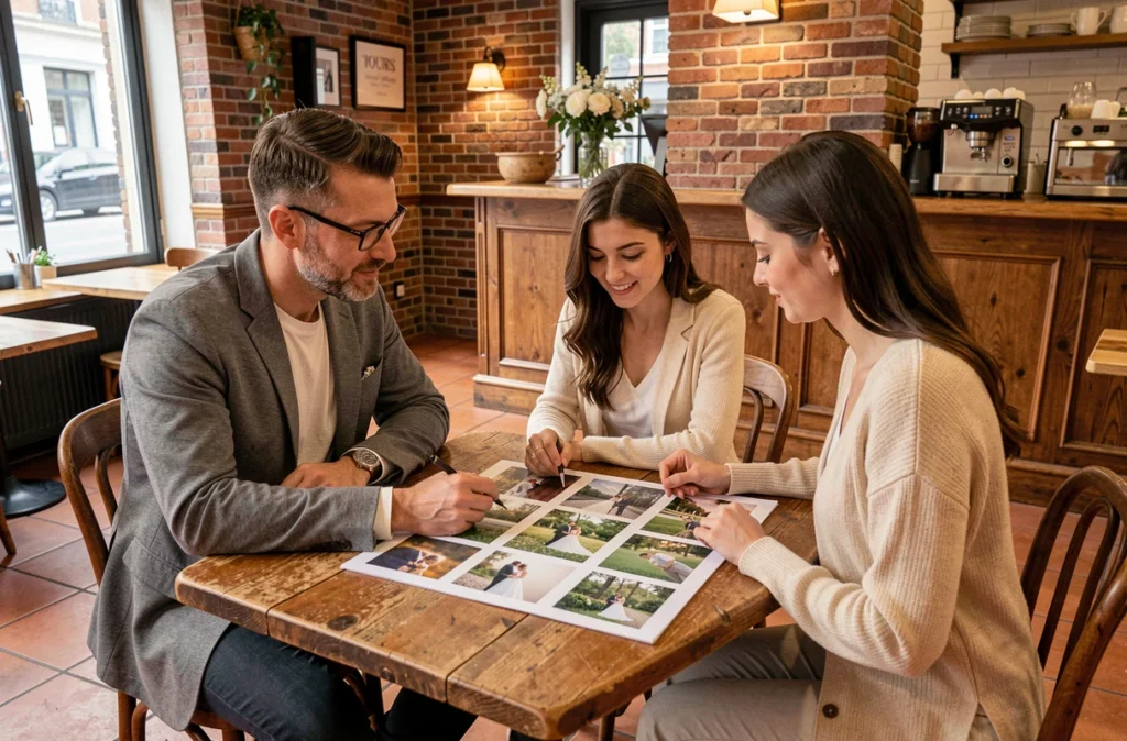 Consultation entre un photographe de mariage et un couple de fiancés dans un café du centre-ville de Tours autour d'un portfolio