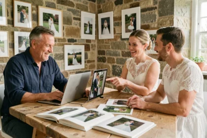 Photographe de mariage en consultation avec un couple à Lorient, présentant son portfolio dans un studio photo breton
