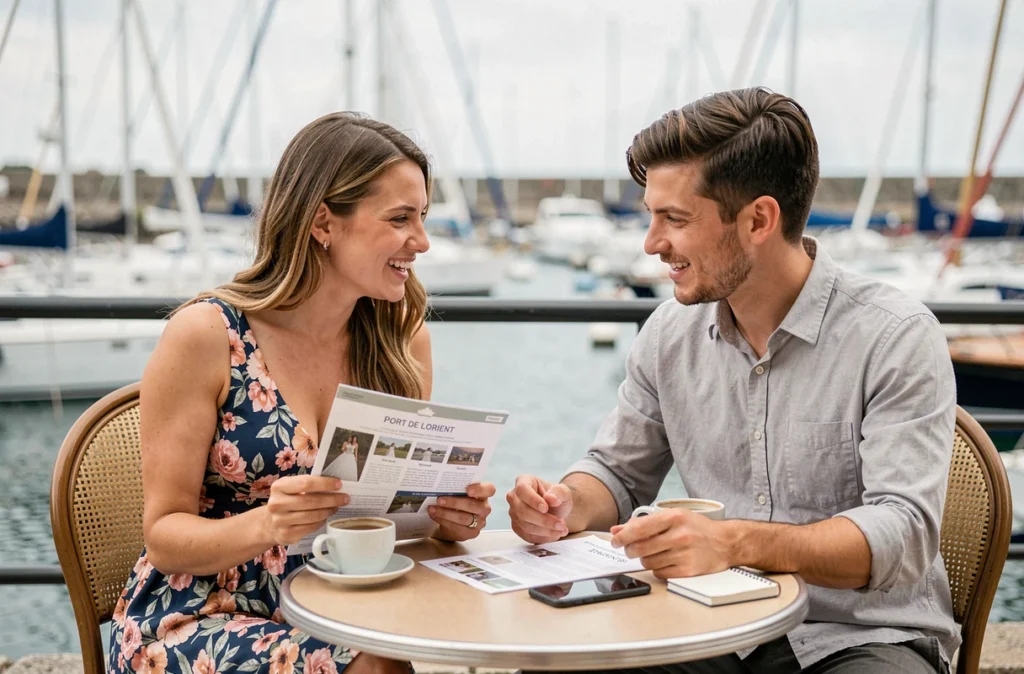 Couple fiancé comparant des offres de photographes de mariage en terrasse de café au port de Lorient