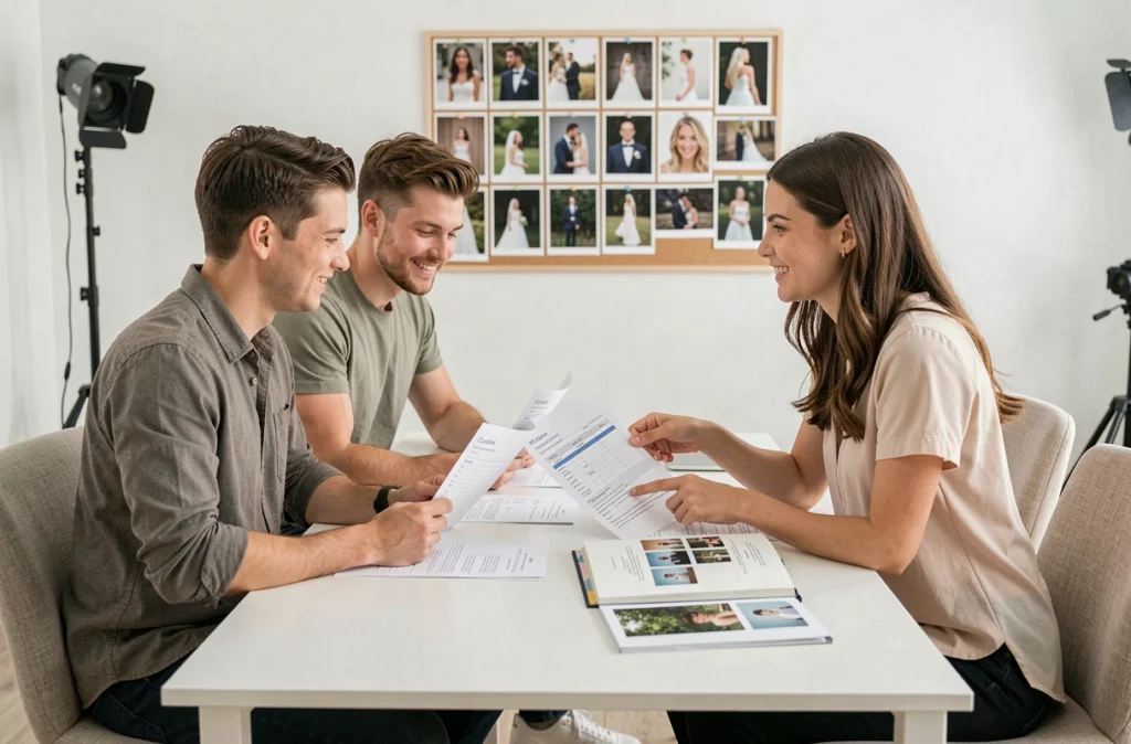 Couple discutant des tarifs avec une photographe professionnelle à Châteauroux dans un studio moderne