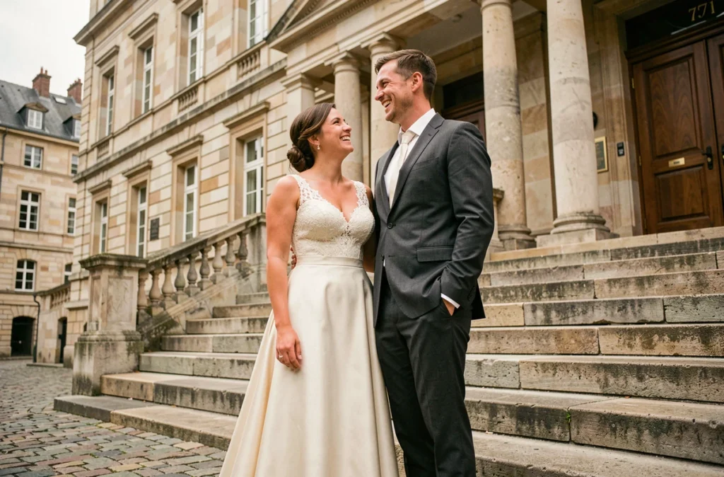 Couple de mariés souriant devant la mairie historique de Tours lors d'une séance photo de mariage