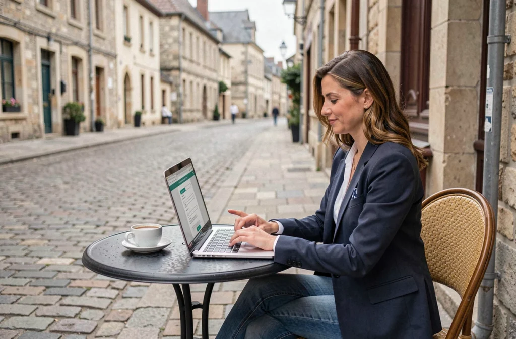Femme demandant un devis photographe en ligne depuis une terrasse de café à Châtellerault