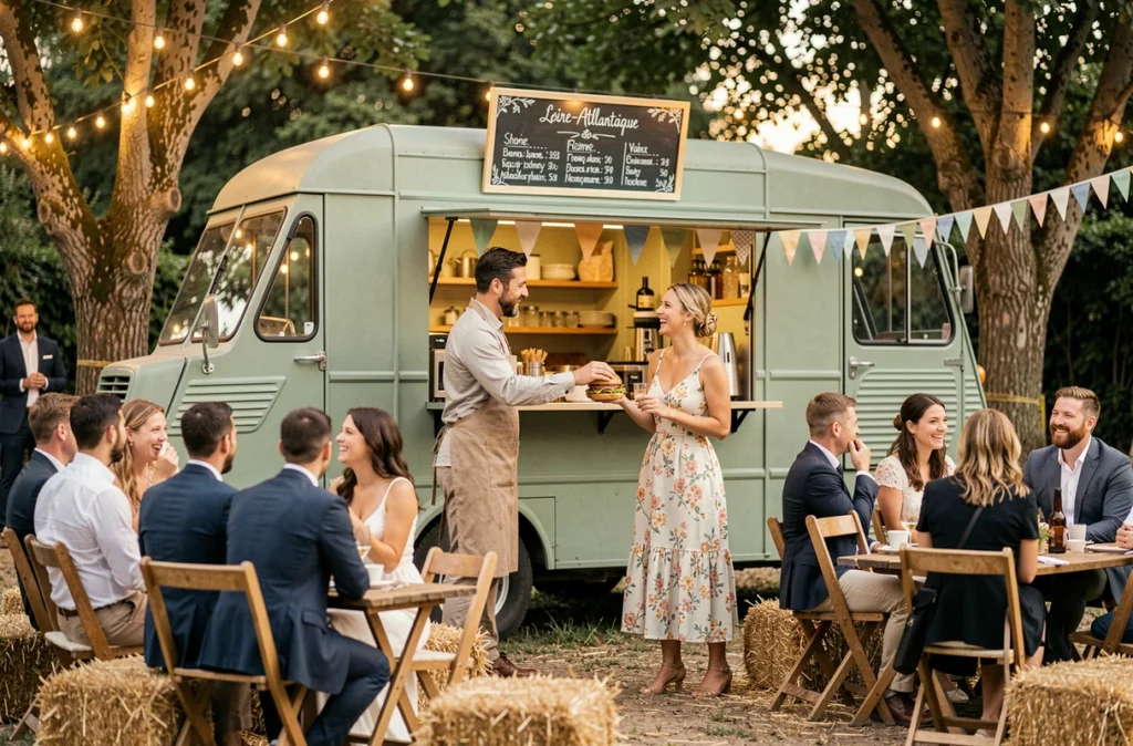 Food truck traiteur décontracté servant un mariage en plein air en Loire-Atlantique