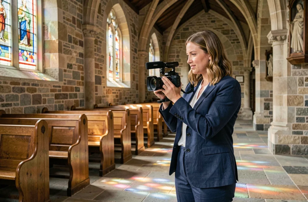 Vidéaste Holly Prod capturant une cérémonie de mariage dans une chapelle bretonne en pierre