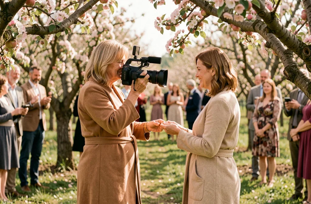 La Belle Image filmant un échange d'alliances dans un verger de pommiers en fleurs en Bretagne