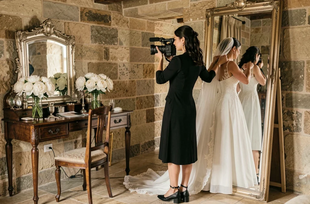 Marjorie Hodiesne filmant les préparatifs d'une mariée dans un manoir breton avec une coiffeuse ancienne