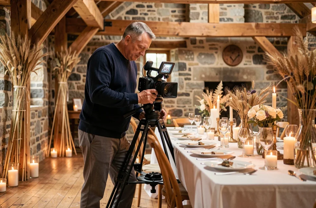 Moovies Prod filmant les détails de décoration d'un mariage dans une grange en pierre bretonne avec des poutres en chêne