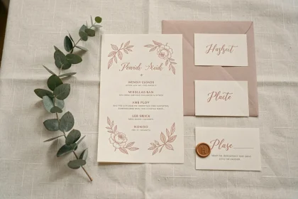 Flat lay de papeterie de mariage My Dear Paper avec menus, marques-places et enveloppe cachetée à la cire sur nappe en lin ivoire