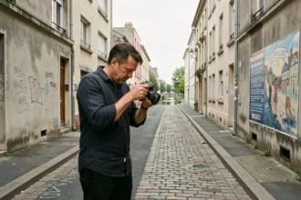 Photographe professionnel dans une rue d'Aubervilliers réglant son appareil photo reflex face à un décor urbain authentique