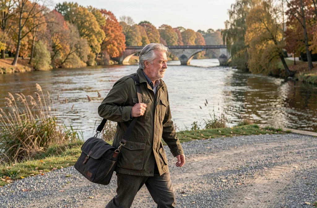 Photographe professionnel marchant au bord de l'Indre à Châteauroux avec son équipement photo