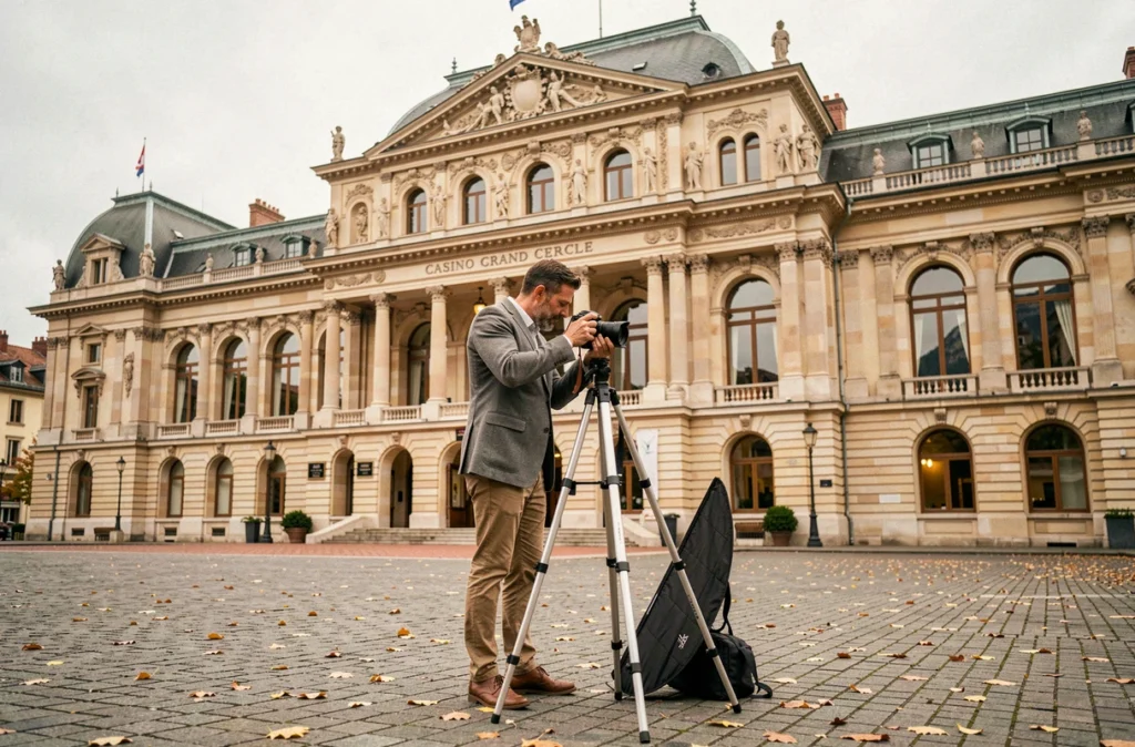 Photographe installant son trépied devant le Casino Grand Cercle d'Aix-les-Bains