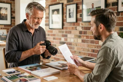 Photographe professionnel à Châtellerault discutant d'un devis avec un client dans son studio