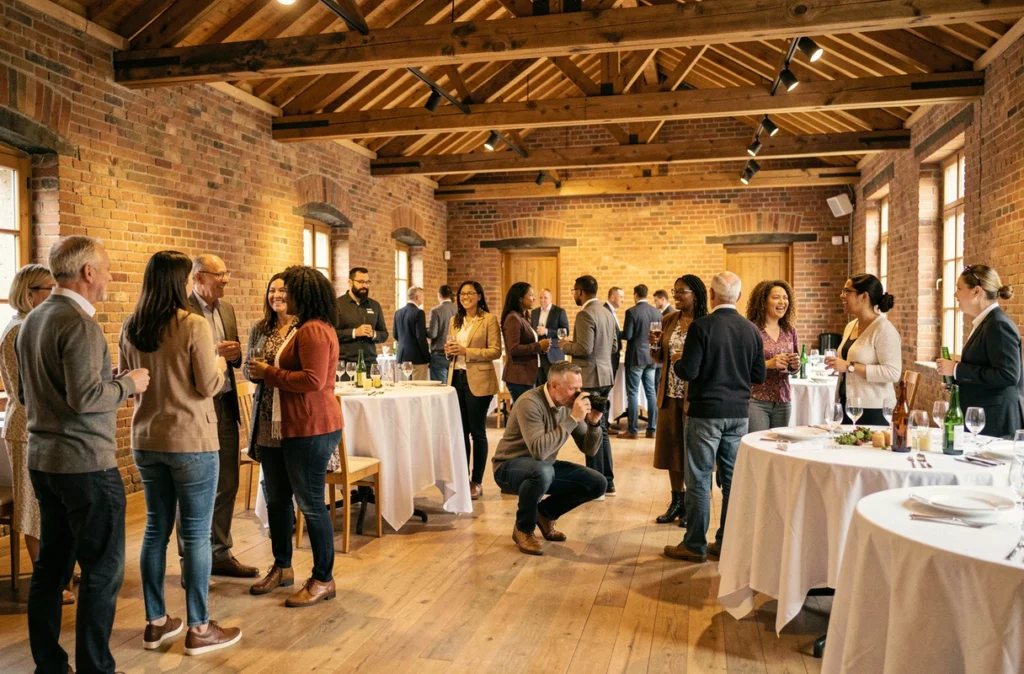 Photographe capturant un événement festif en intérieur dans une salle culturelle d'Aubervilliers avec des invités en pleine conversation