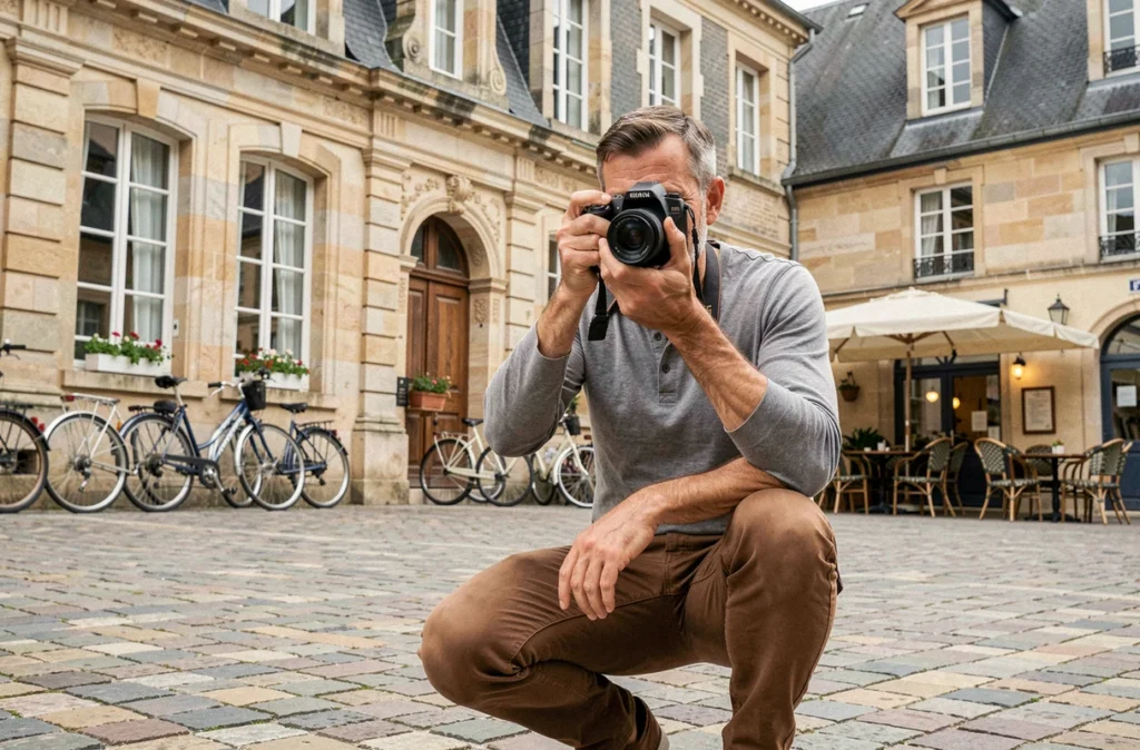 Photographe expérimenté en extérieur sur une place historique de Châteauroux avec appareil photo professionnel