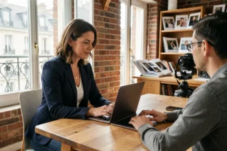 Photographe professionnelle en Île-de-France consultant avec un client dans un studio parisien moderne
