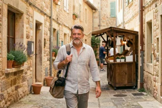 Photographe local se promenant dans une rue pavée de Manosque avec son matériel photo professionnel