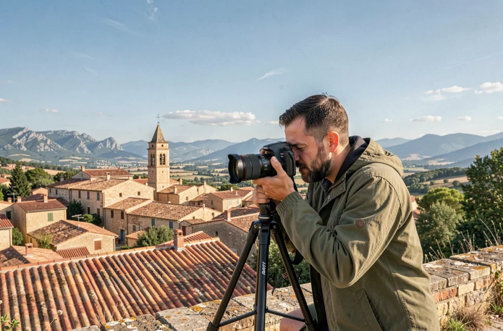 Photographe local installant son trépied sur une colline avec vue panoramique sur les toits de Manosque et le Luberon