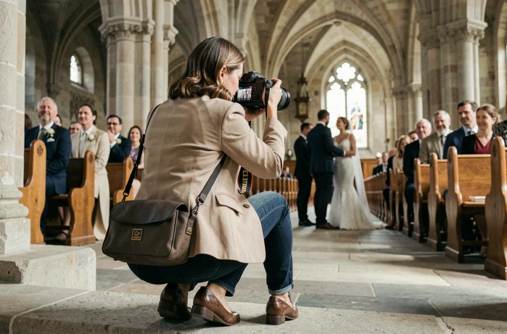 Photographe de mariage professionnelle en action lors d'une cérémonie à la Basilique Saint-Louis de Lorient