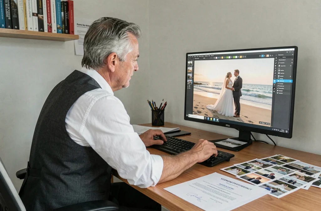 Photographe de mariage éditant des photos et révisant un contrat dans son bureau professionnel à Lorient