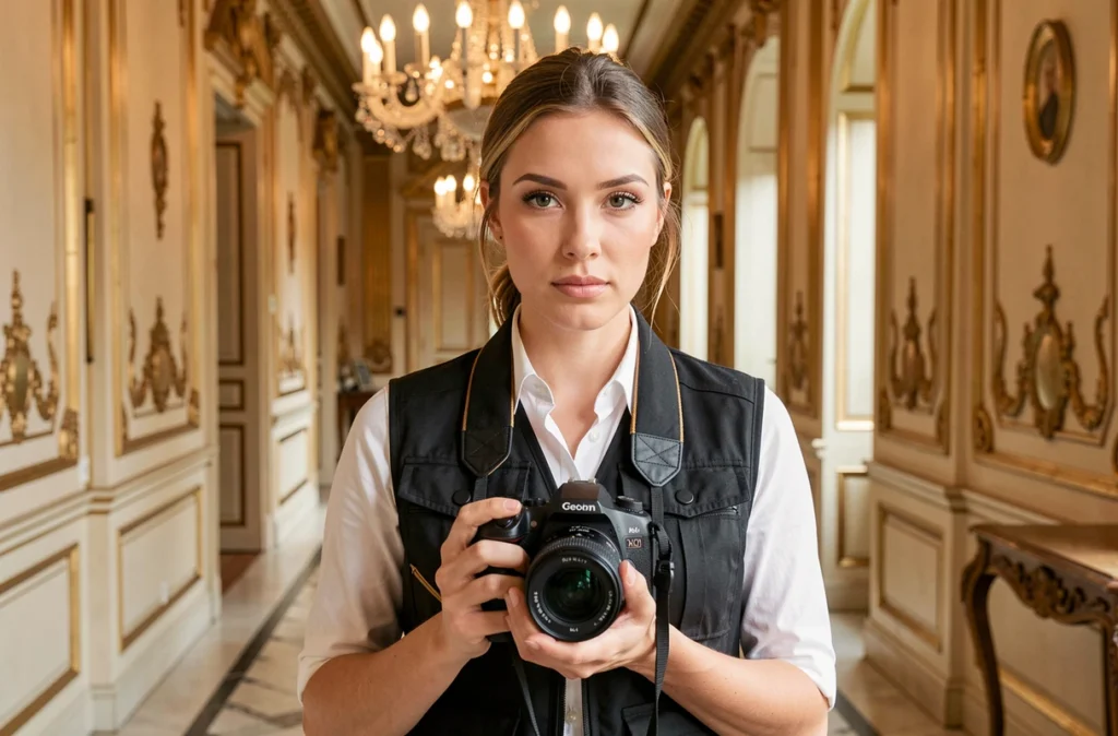 Photographe de mariage posant dans un château classique en Île-de-France avec un appareil photo professionnel