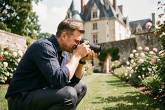 Photographe de mariage professionnel en action lors d'une cérémonie en plein air près d'un château de la Loire à Tours