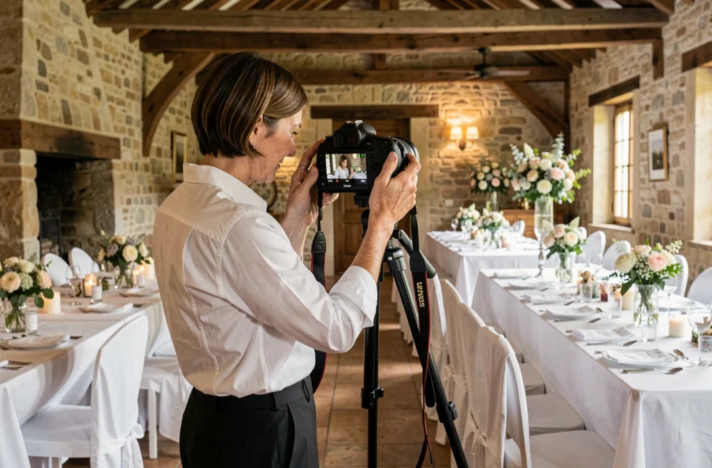 Photographe de mariage professionnelle révisant ses photos dans une salle de réception en pierre en Touraine