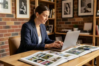 Photographe professionnelle à Châteauroux consultant son portfolio avec un client dans un studio chaleureux