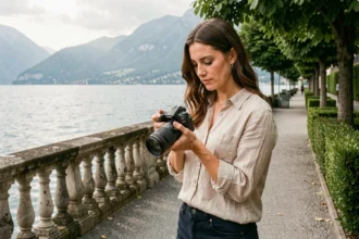 Photographe professionnelle consultant ses photos au bord du lac du Bourget à Aix-les-Bains