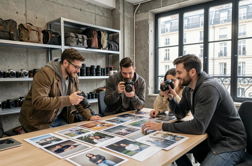 Groupe de photographes professionnels comparant des portfolios dans un espace de co-working parisien